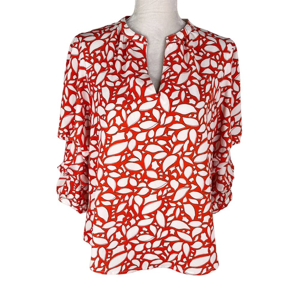 Willow Drive Printed Split-Neck Top Red Shatter Leaf Print M NWOT